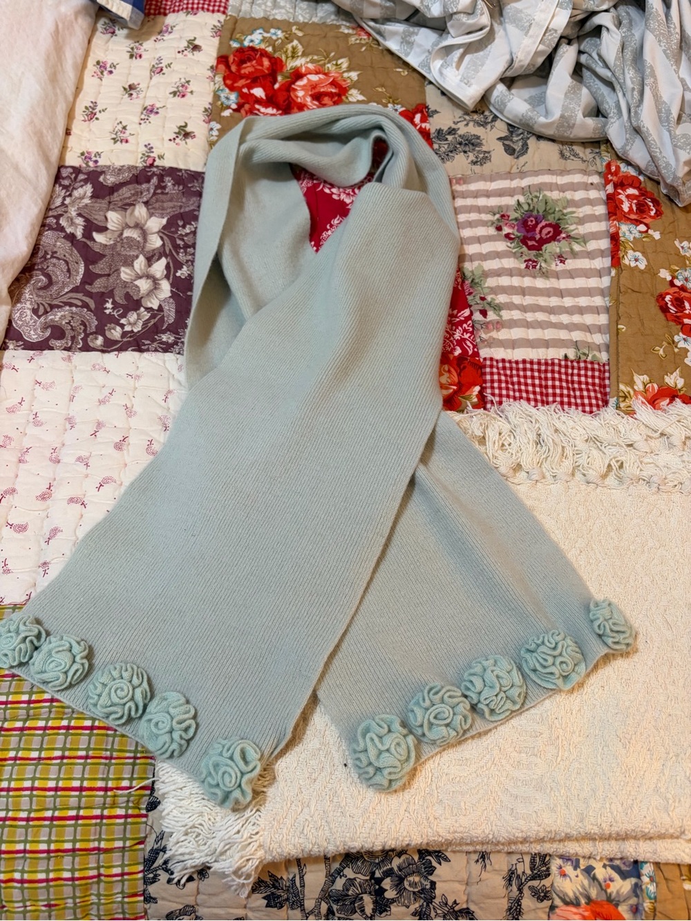 Soft Light Blue Women's lambswool Knit Scarf with Rosette Trim